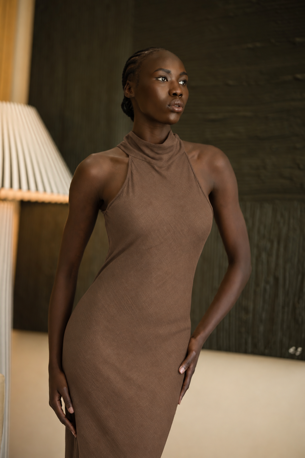 Jenna Halterneck Dress | Mocha Slub-Linen