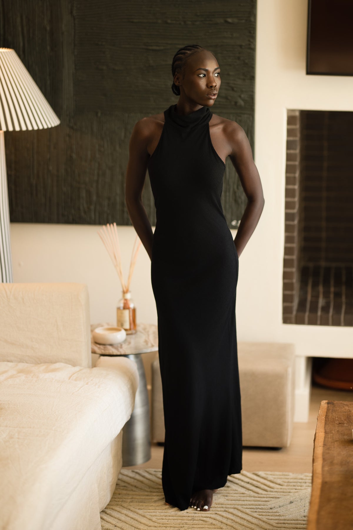 Jenna Halterneck Dress | Black Slub-Linen