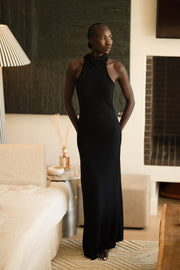 Jenna Halterneck Dress | Black Slub-Linen