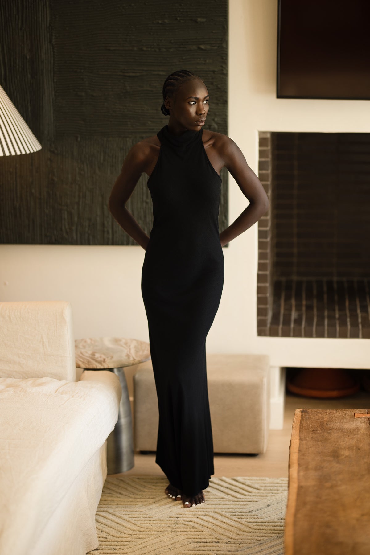 Jenna Halterneck Dress | Black Slub-Linen