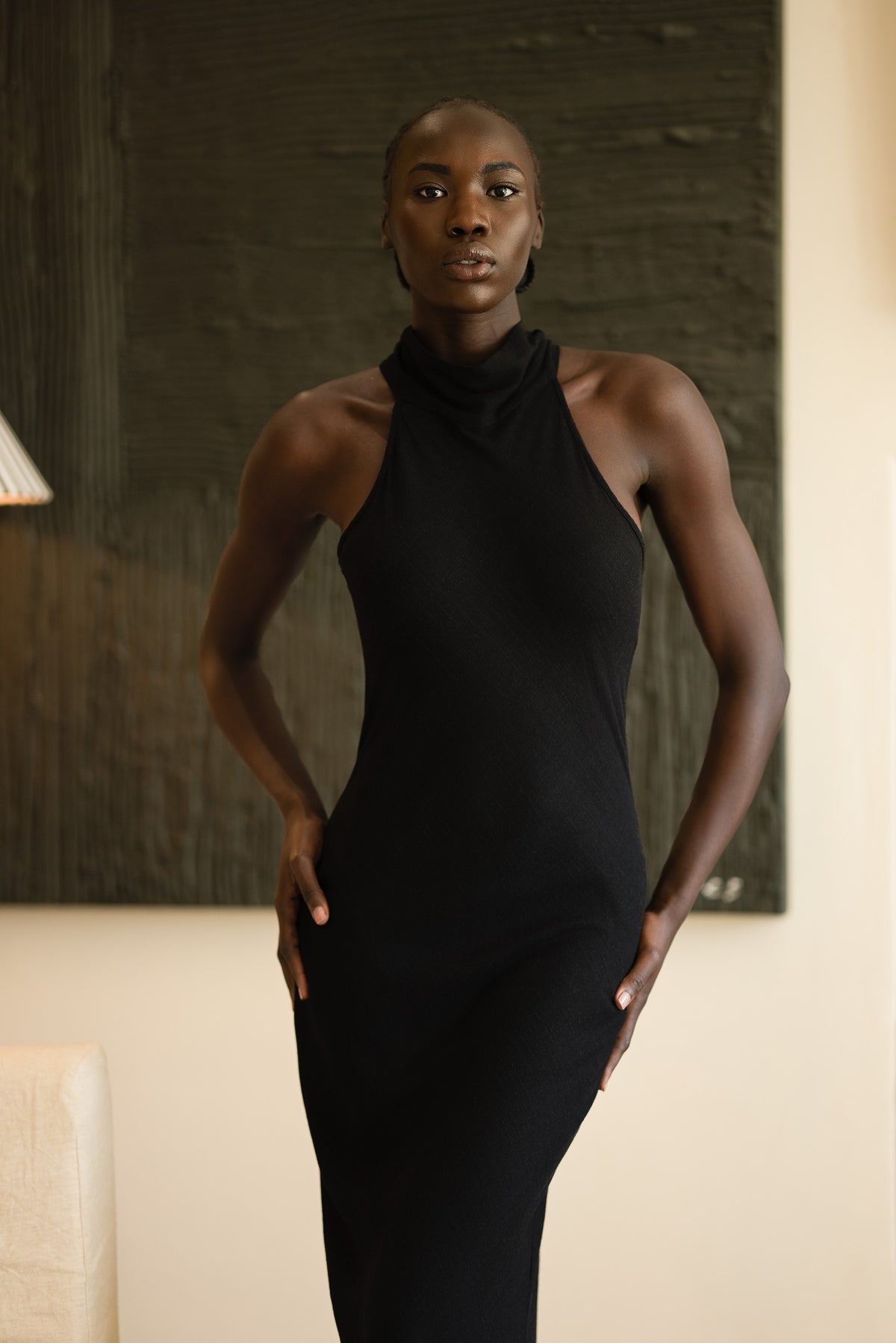 Jenna Halterneck Dress | Black Slub-Linen