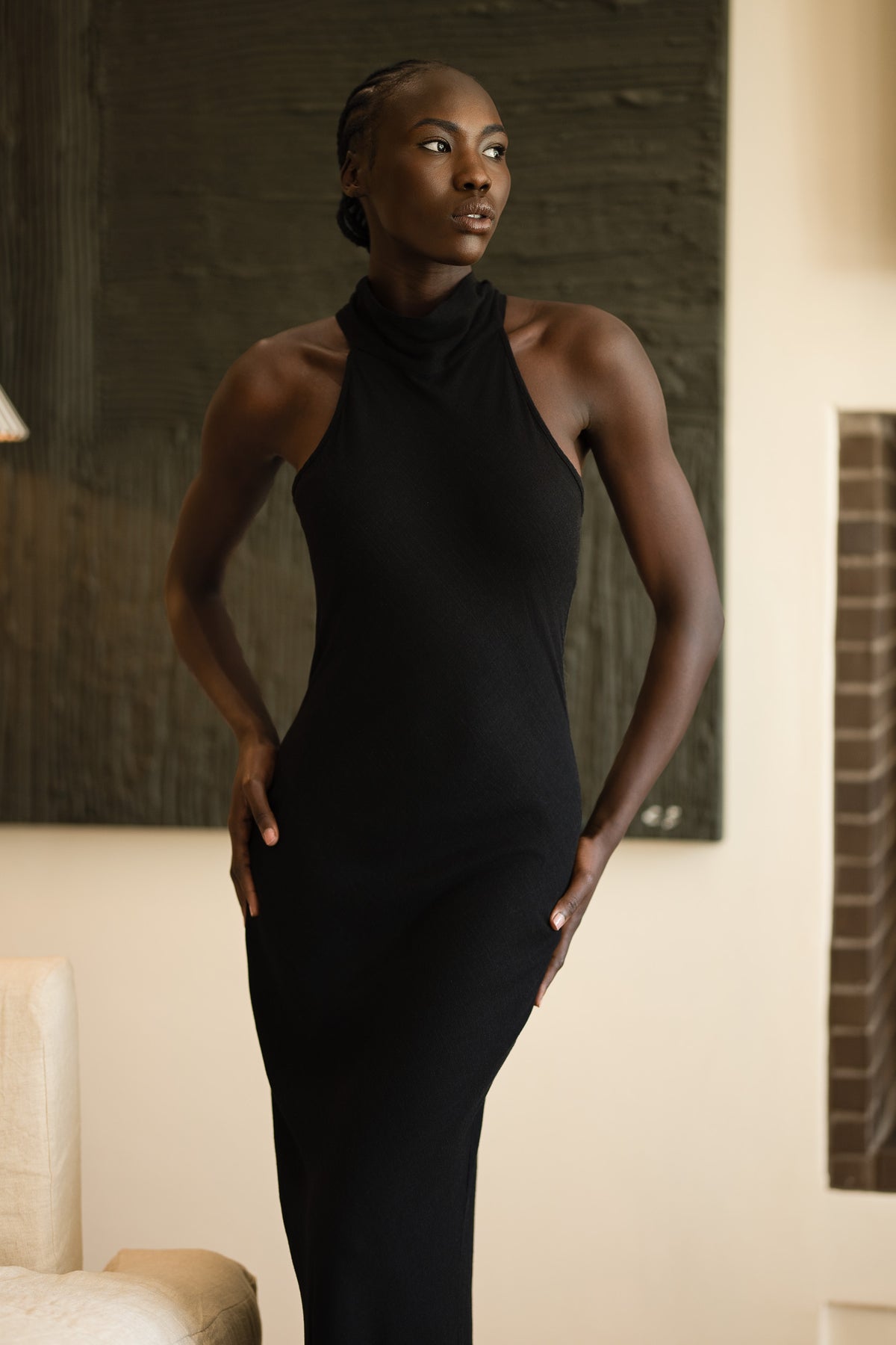 Jenna Halterneck Dress | Black Slub-Linen