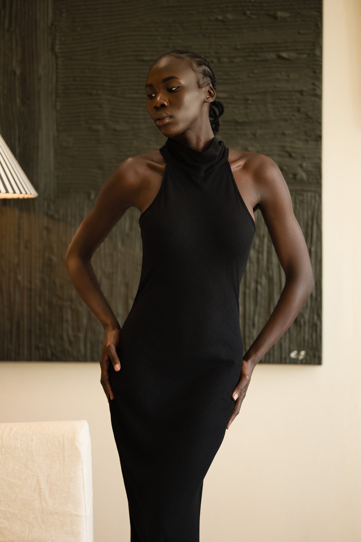 Jenna Halterneck Dress | Black Slub-Linen