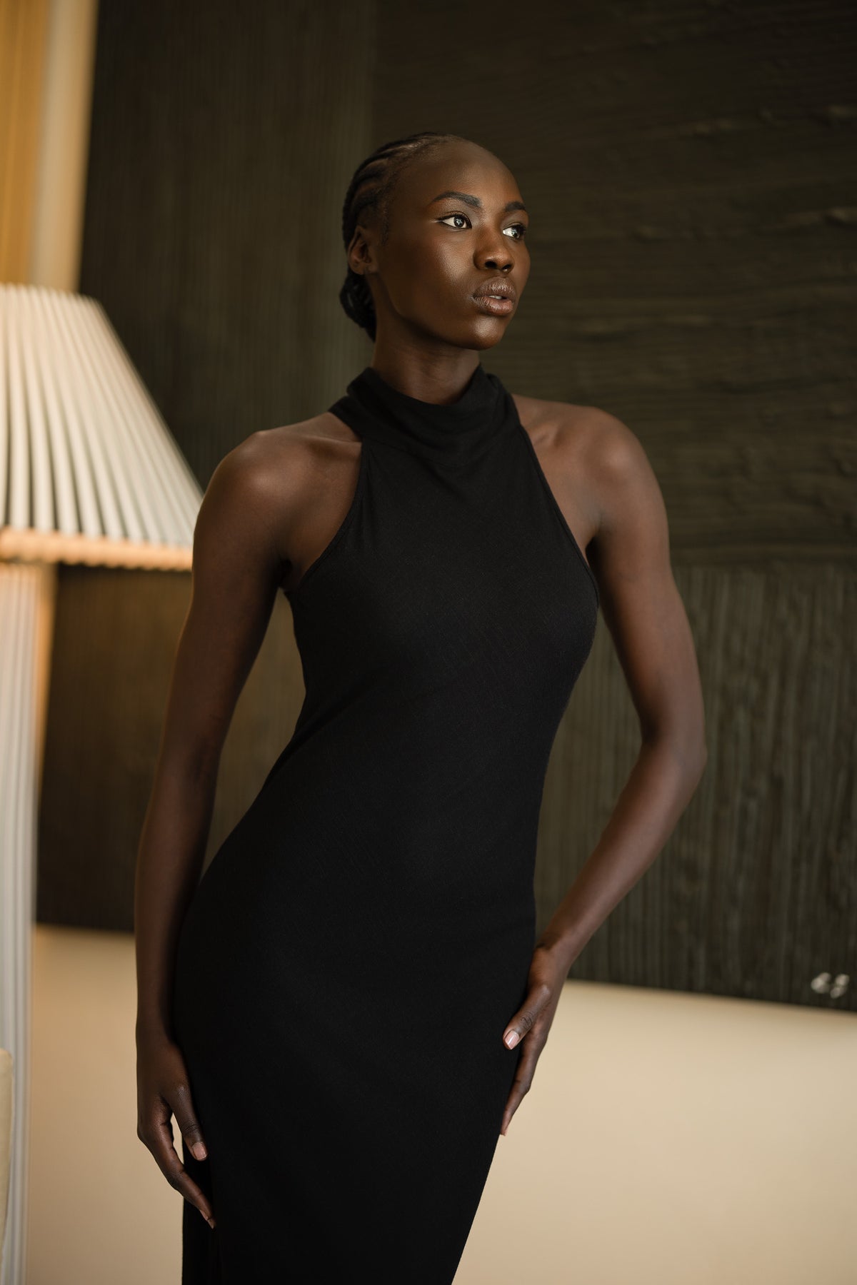 Jenna Halterneck Dress | Black Slub-Linen