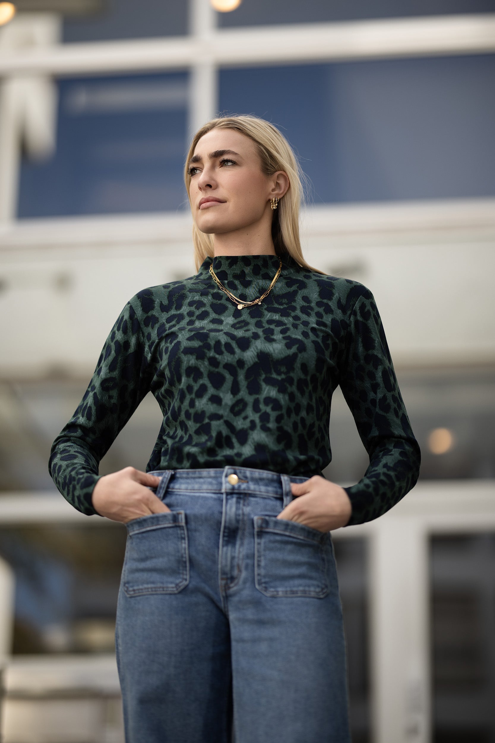 Fiji Funnel Neck Long-Sleeve Top | Navy Animal Print