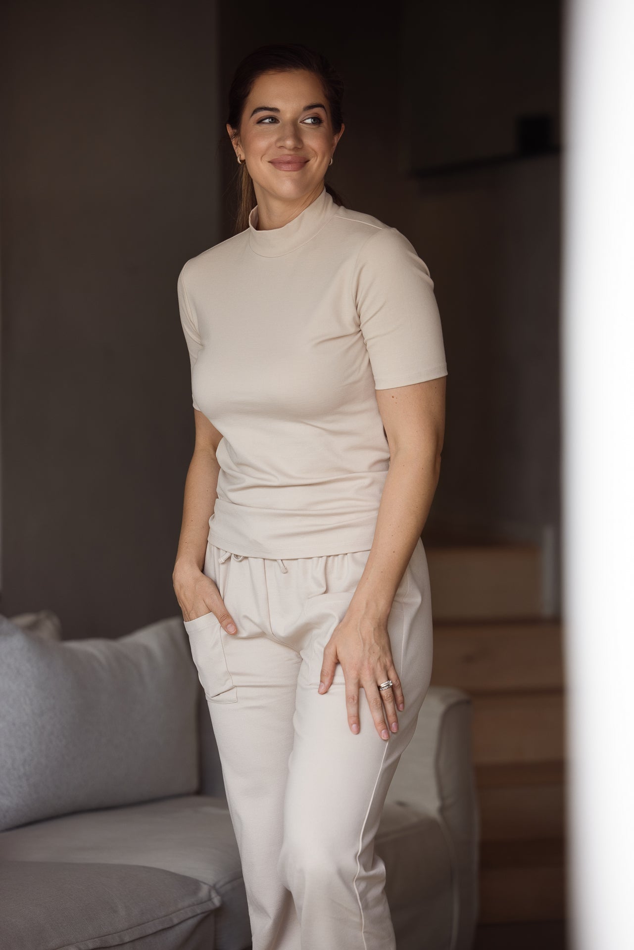 Fiji Funnel Neck Short-Sleeve | Stone