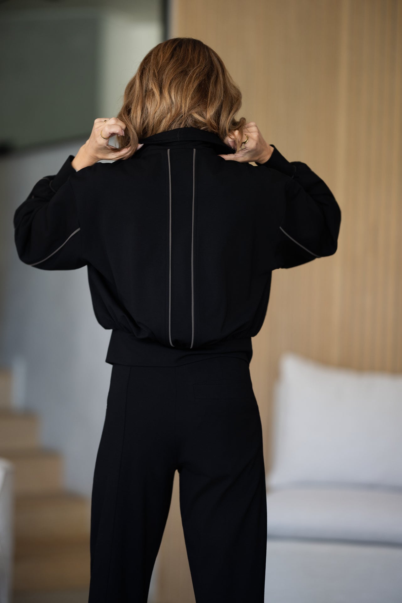 Gia Bomber | Black & Major Brown Piping