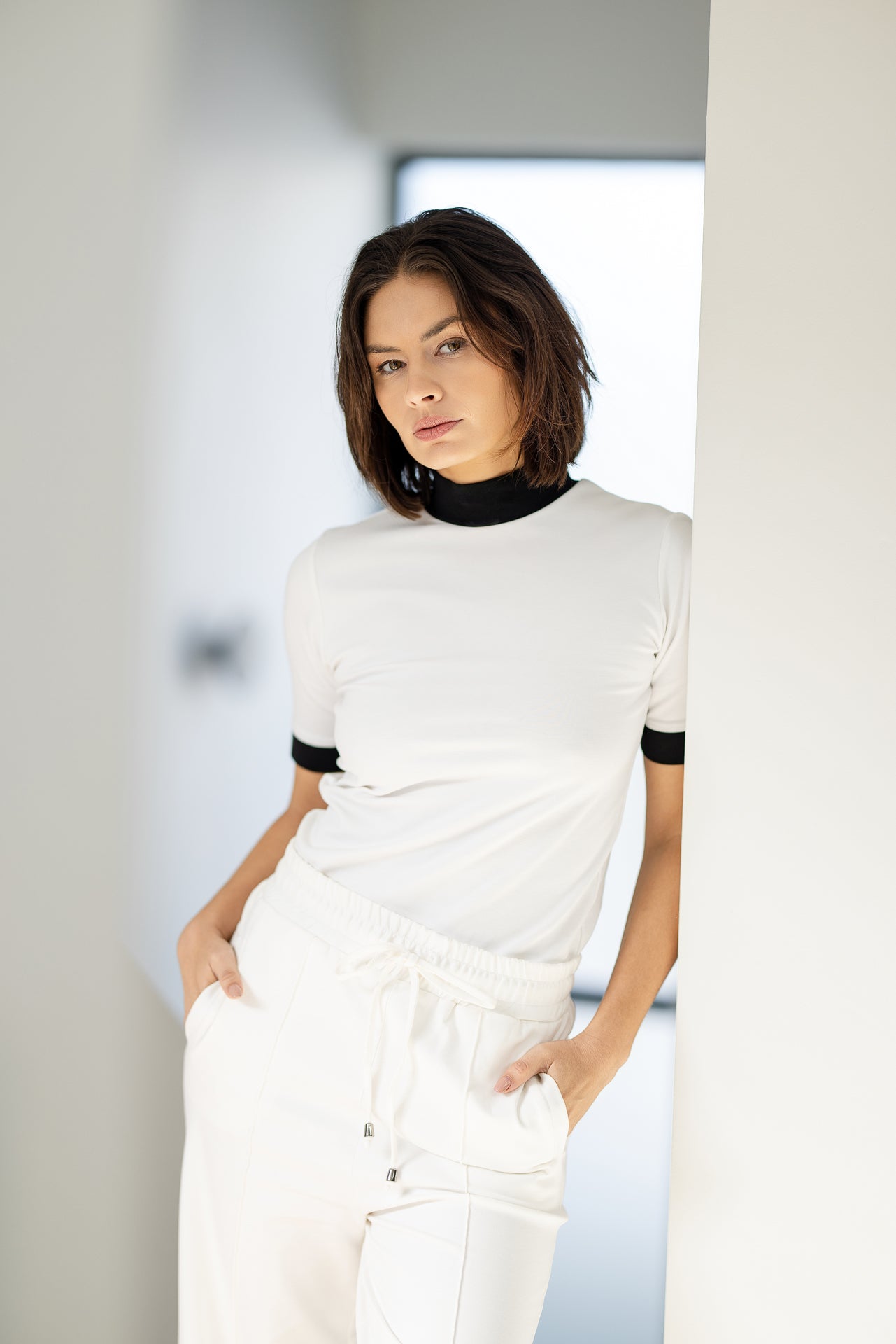 Fiji Funnel Neck Short-Sleeve | Ivory & Black Contrast