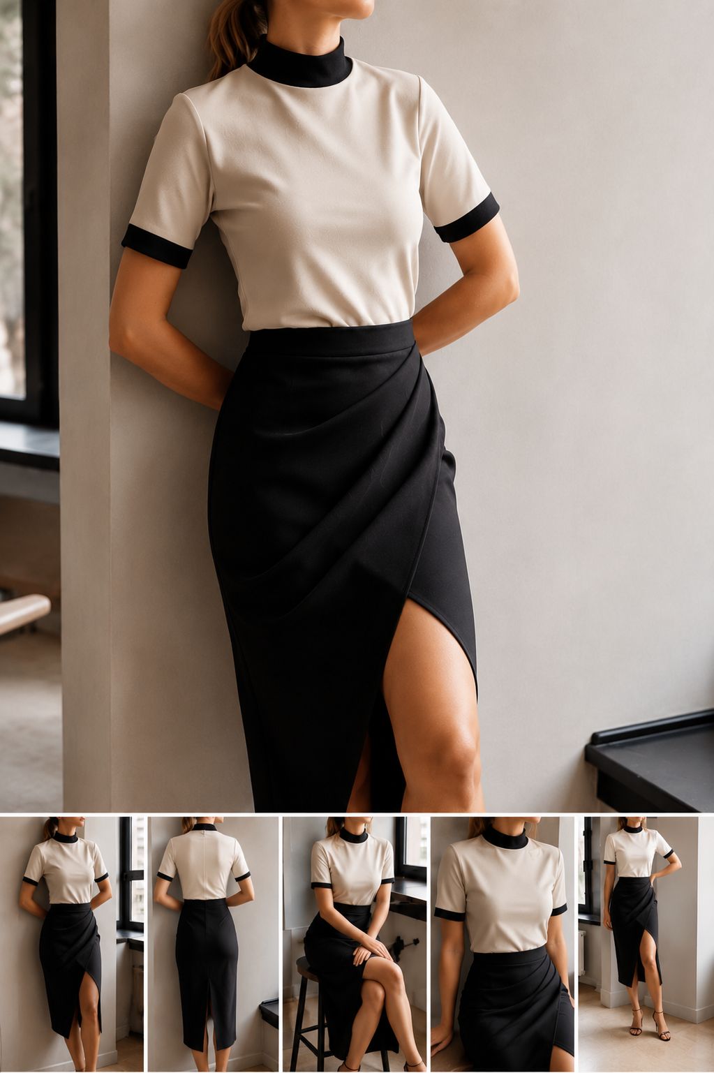 Fiji Funnel Neck Short-Sleeve | Stone & Black Contrast