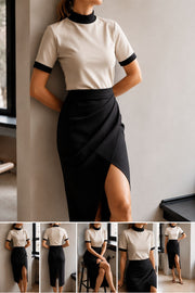 Fiji Funnel Neck Short-Sleeve | Stone & Black Contrast